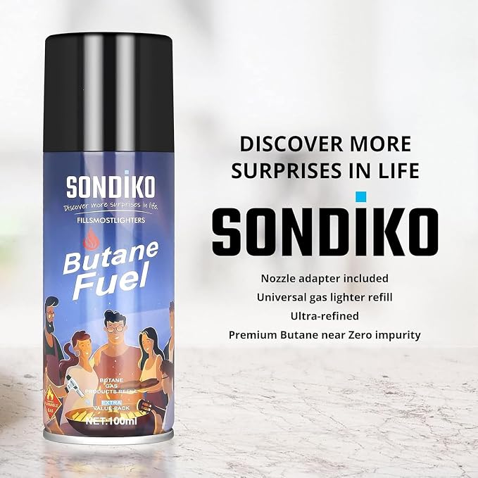 Sondiko Butane Torch Lighter with 2 Pack 100ml Premium Butane Fuel Canister, Refillable Adjustable Flame Soldering Torch with Visible Fuel Window, All-in-One Kit for Welding, Resin Art, BBQ & Camping