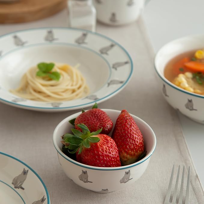 London Pottery 4.5’’ Small Bowl, 10 OZ Porcelain Bowl for Kitchen Dessert Rice Side Dish Snack Soup Fruits Cereal Ice Cream, Microwave & Dishwasher Safe, Easy Clean Stackable (Cat，Rice Bowl,300ml)