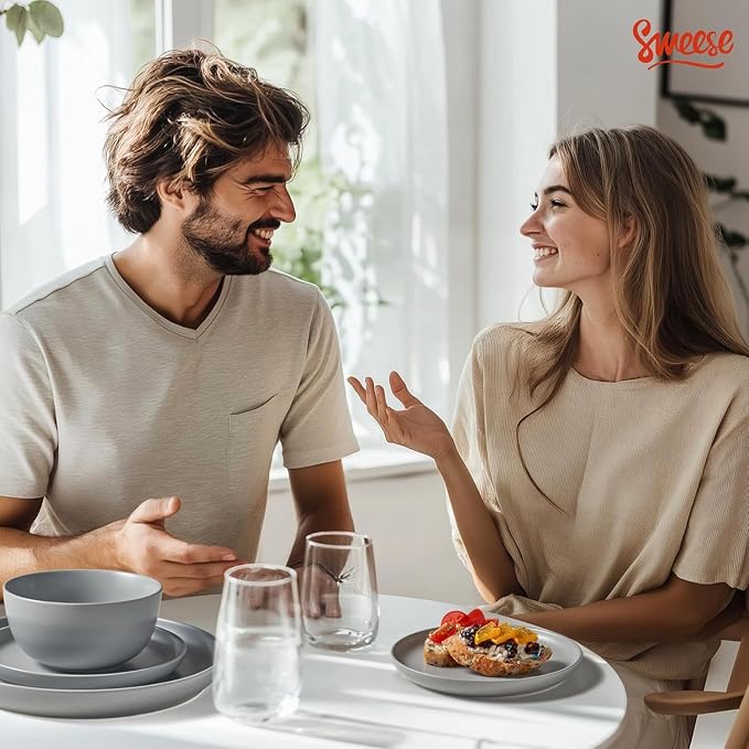 Sweese Dinnerware Sets Service for 4, 12 pcs Matte Speckled Glaze Plates and Bowls Sets, Handmade Ceramic Dish Set, Highly Chip and Crack Resistant Modern Plate Set, Grey