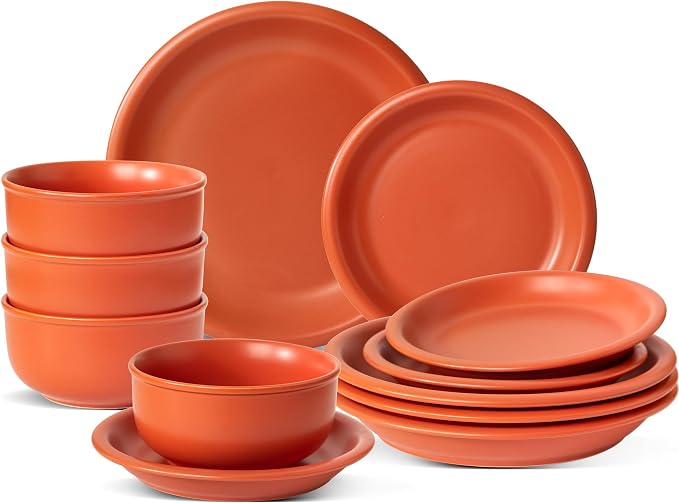 Timeworn Clay Dinnerware Set, 12 Pieces, Terracotta Red | Stoneware, Hand-Finished Glaze, Farmhouse Style, Microwave and Dishwasher Safe