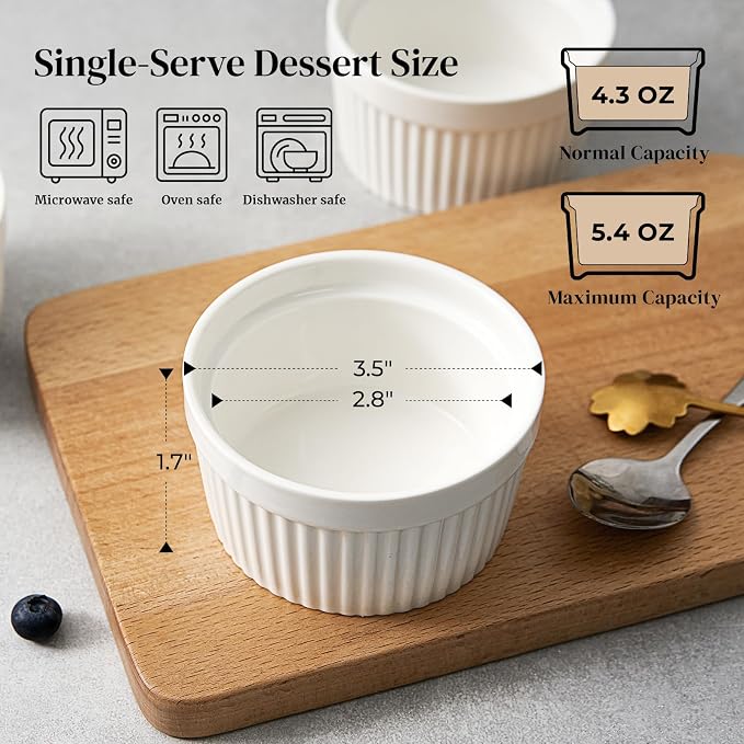 DOWAN 4 oz Ceramic Ramekins Set of 6, Oven Safe Souffle Dishes for Air Fryer Baking, Mini Round Baking Cups for Creme Brulee, Dipping Sauces, Desserts and Prep Bowls, White