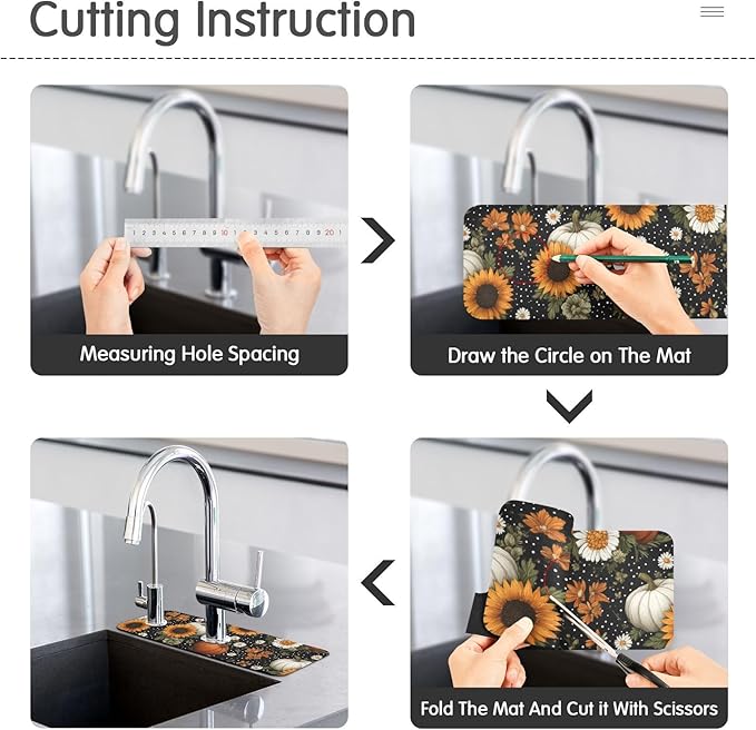 Kitchen Sink Splash Guard 1 PC 30 Inch Sink Faucet Mat Splash Guard for Bathroom Countertop Water Absorbent Foldable Cuttable Soft Washable Black Dotty Pumpkins Sunflowers Daisy