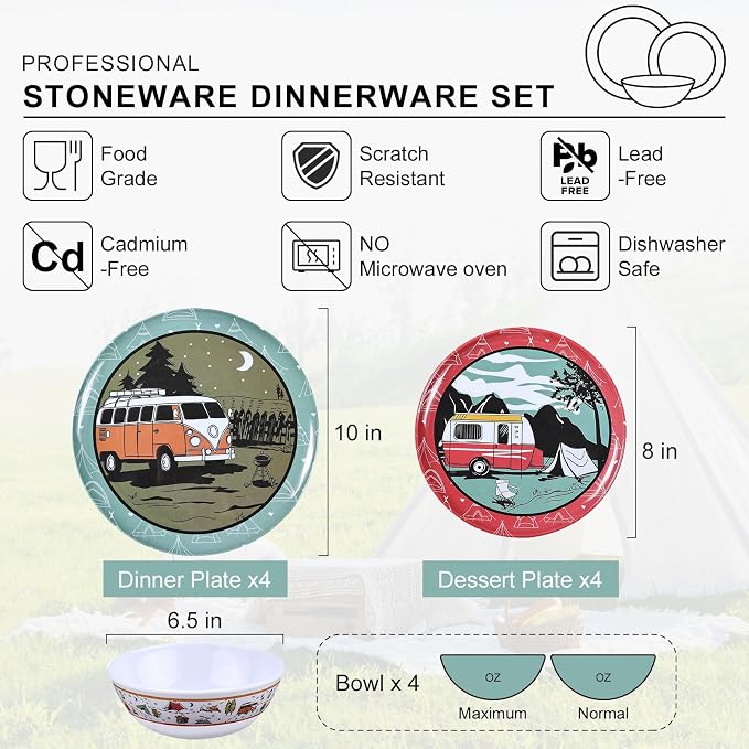 12-Piece Melamine Dinnerware Set,Unbreakable Camping Plates and Bowls Set of 4, Lightweight Outdoor Dishes with Camper Van & Tent Design for RV, Picnic, Backpacking, and Patio,Dishwasher Safe