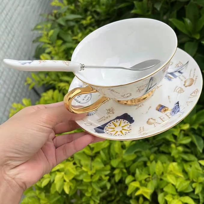 Honorable Coffee Cup Mug, Cappuccino, Tea Cup, with Saucer for Latte, Fine Bone Porcelain, Reactive Glaze, 6.8 Oz-1pcs (The Navigation Age)