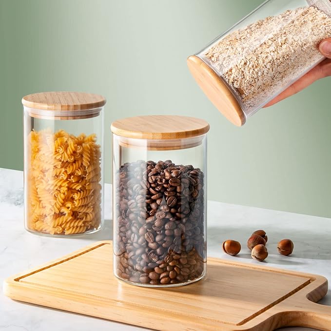 COCOYA 32 FL Oz Glass Jars with Bamboo Lid Set, 4Pack UPGRADE Thick Glass Pantry Storage Canisters Kitchen Clear Food Containers, for Dry Foods Nut Meal Prep Coffee Bean Candy Sugar Cookie Cereal