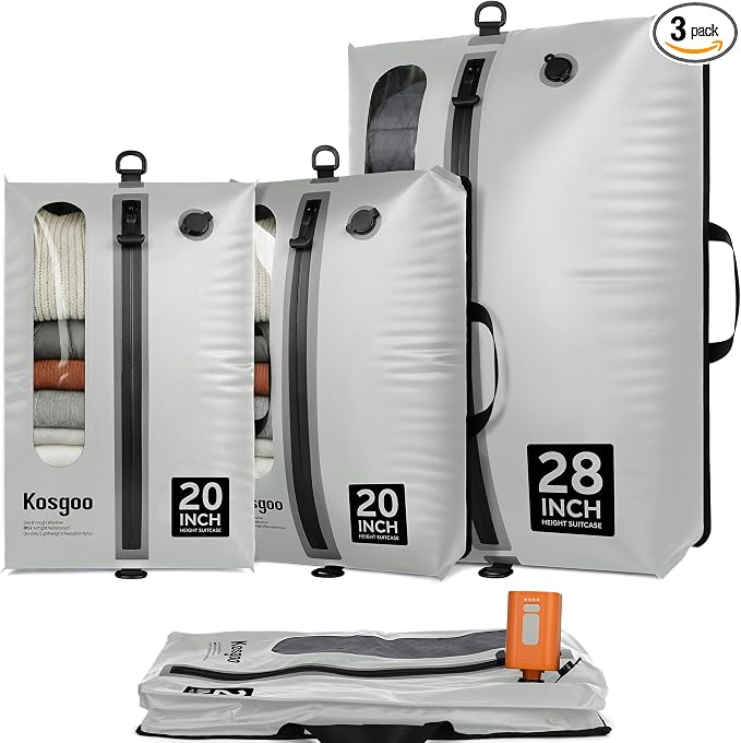 Vacuum Seal Bags for Travel with Pump, Light Grey, 20+20+28 | Reusable Nylon, Compression Packing Cubes, Odor & Waterproof, Space Saving for Suitcase & Backpack, 3Pcs