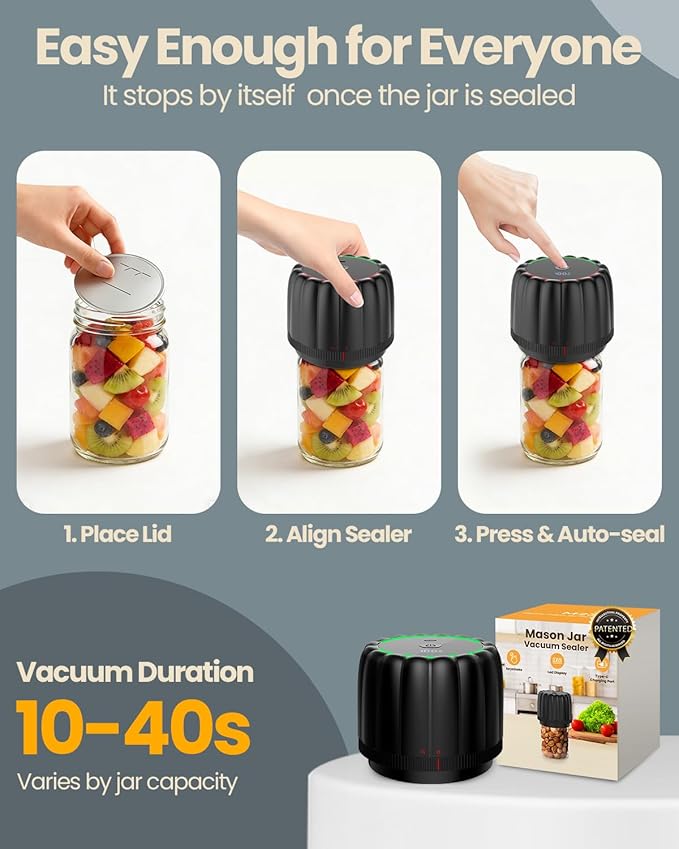 Upgraded Electric Mason Jar Vacuum Sealer Kits for Wide Regular Mouth Jars | -80kPa Vacuum Sealers Auto Canning Sealing Machine with 2500mAh Battery and 10 Lids for Food Storage Reducing Waste - RACAZL
