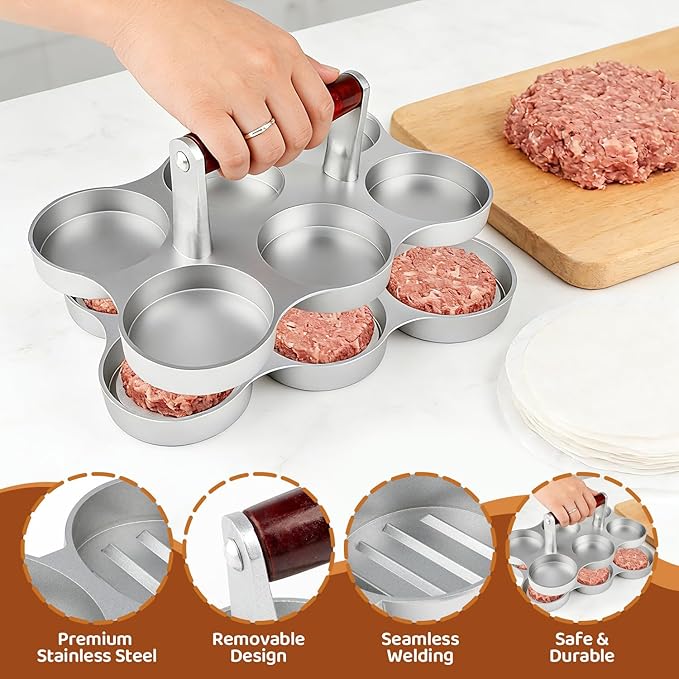 Mini Burger Press, 6 Slots Slider Sausage Patty Press with 200 Patty Papers and 6 Storage Containers, Heavy Duty Round Shape Meat Patty Maker for Small Hamburger, BBQ, Picnic