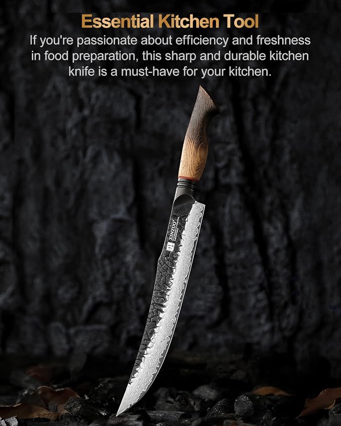XINZUO 10 Inch Brisket Carving Knife，67-Layer Damascus Steel，Razor Sharp Curved Butcher Breaking Knives For Meat Cutting With White Oak + Red G10 Gasket Handle