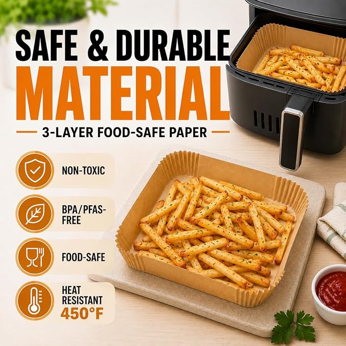 Air Fryer Paper Liners, 125Pcs Air Fryer Disposable Liners, Non-Stick and Oil Proof for Easy Cleanup, 8” Square for 5-8 qt Basket by Baker's Signature