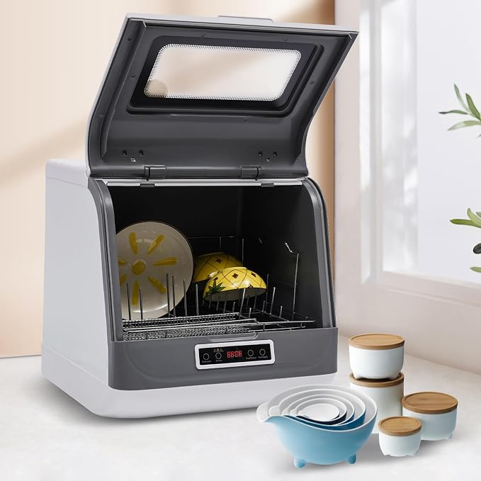 Portable Countertop Dishwasher 1200W 110V Compact Dishwasher,3 Washing Programs,360° Rotating Spray,75°C Hot Air Drying,Automatic Mini Dish Washing Machine for House,Dorm,Apartment,RV