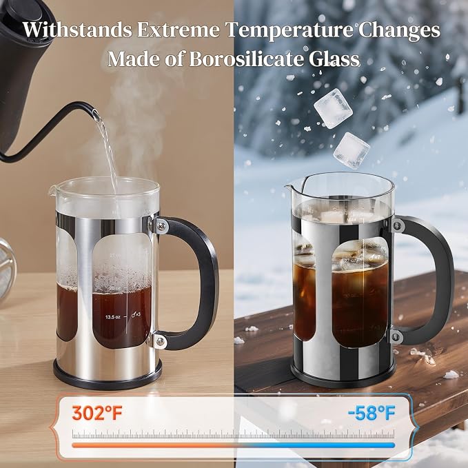 Veken French Press Coffee Maker 34oz 1 L, No Plastic Touching Cafe, Heat Resistant Thickened Borosilicate Glass, Stainless Steel Brewer, Cold Brew Cafetera Teapot for Kitchen Travel Camping, Silver
