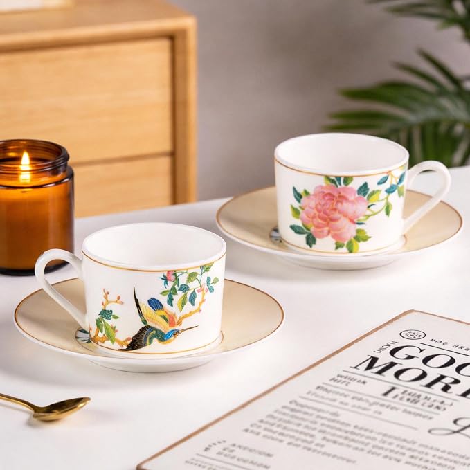 KAMMAK Tea Cups and Saucers Set of 2, Porcelain Coffee Cups, Stackable Espresso Mugs, Ceramic Demitasse for Coffee, Cappuccino, Latte, Americano, Tea, Embroidered Peony
