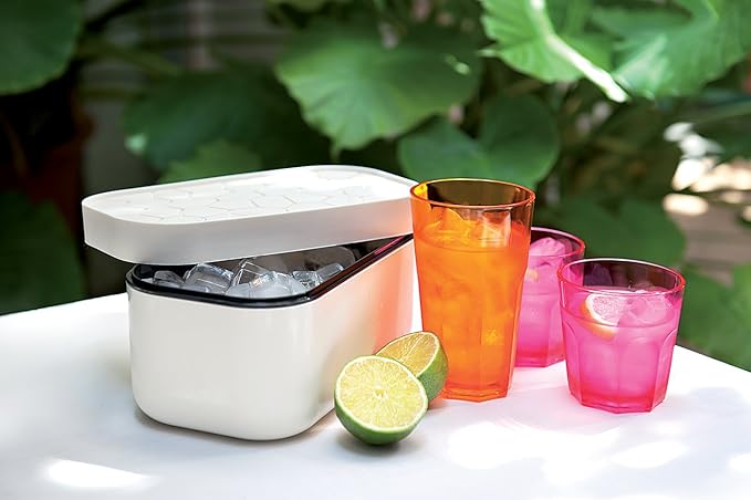 Lékué Ice Box | White | Ice Cube Tray For Freezer With Lid & Bin | Made With 100 Percent Platinum Silicone | Elegant And Retro Style Ice Cubes | For Cocktails, Ice Tea & Coffee And More |