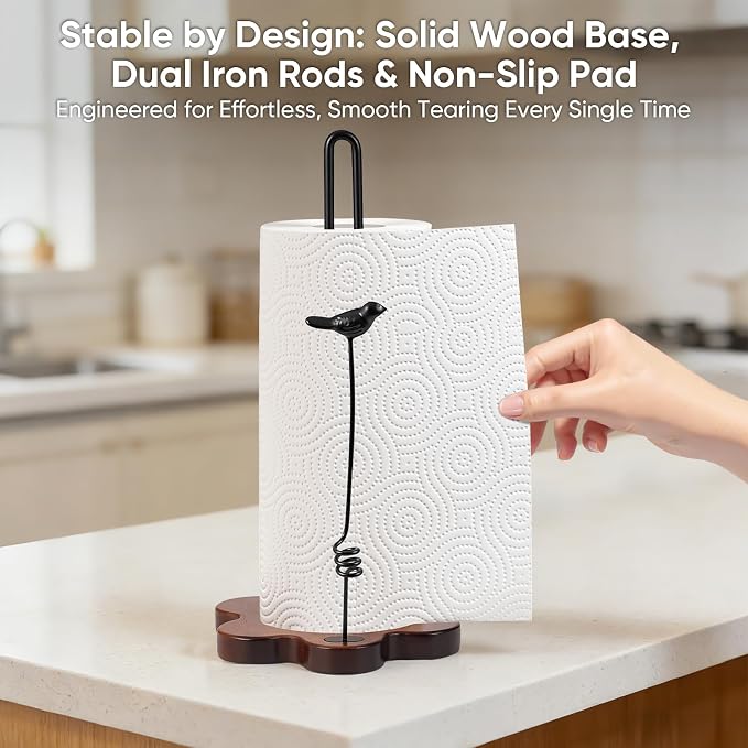 Wood Paper Towel Holder Countertop,Flower Shaped Wood Base with Decorative Spring-Loaded Iron Bird Accent,Dual Iron Rods,Non Slip Pads,Stable for Kitchen,Dining Room & Home Decor
