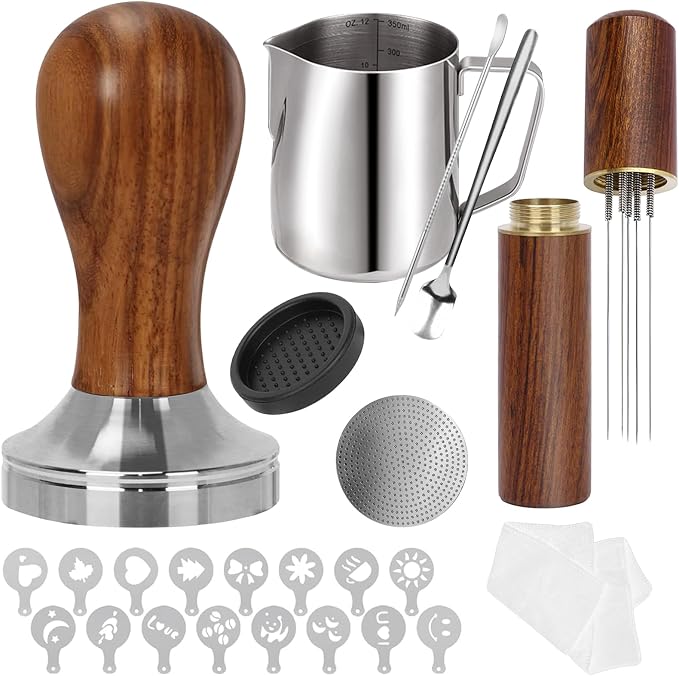 53.3mm Espresso Accessories Kit, 24PCS Coffee Tamper Set， WDT Tool,stainlesss Frothing Pitcher, Stirrer, Tamper Mat, Latte Art Pen Coffee puck screen
