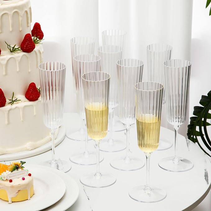 Jingmore 12 Pcs Plastic Ribbed Champagne Flutes With Stem, 6.4 oz Clear Vintage Disposable Champagne Glasses for Wedding Birthday Anniversary (Clear)