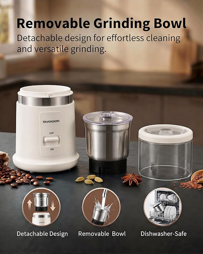 SHARDOR Quiet Coffee Grinder Electric, 70g Removable Bowl Spice Grinder for Coffee Beans, Seeds and Grains, Super Silent Grinding Mill with 60dB Low Noise, 2.5oz Capacity, White