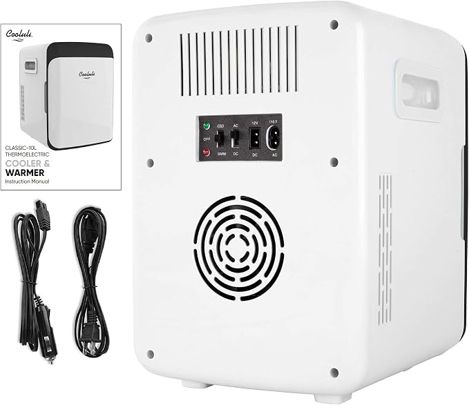 Cooluli 10L Mini Fridge for Bedroom - Car, Office Desk & College Dorm Room - 12V Portable Cooler & Warmer for Food, Drinks, Skincare, Beauty, Makeup & Cosmetics - AC/DC Small Refrigerator (White)