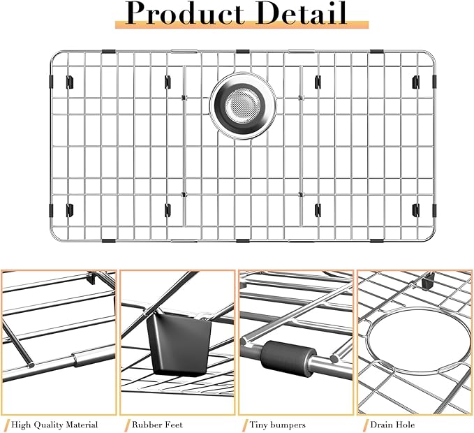 28-7/8’’ x 14-3/8’’ Sink Protectors for Kitchen Sink, Stainless Steel Kitchen Sink Protector, Sink Grate for Bottom of Kitchen Sink with Rear Drain, Sink Grid for Single Bowl Kitchen Sink