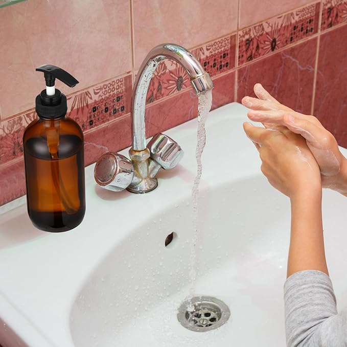 Tanlade 24 Pcs 8 oz Glass Pump Bottle Empty Bottle Glass Soap Dispenser with Pump Refillable Containers and Labels Funnels for Essential Oils Cleaning Products Lotions Conditioner(Amber)