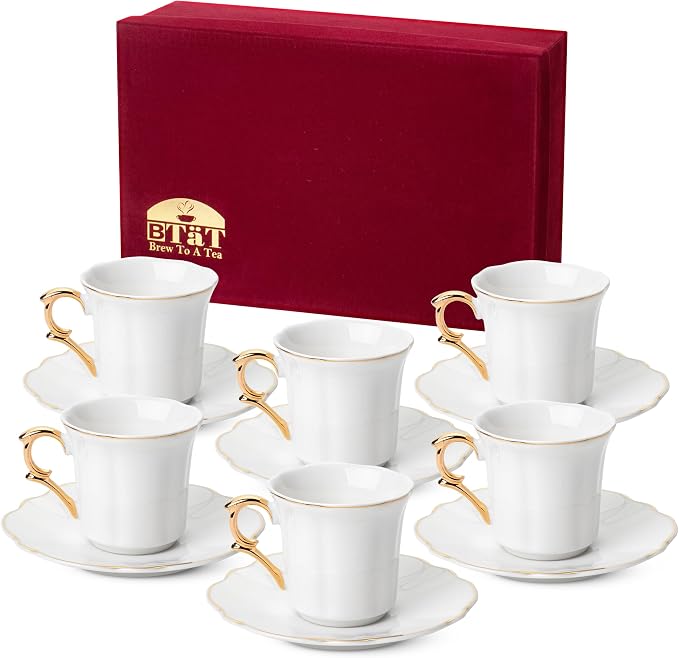 BTaT- Turkish Coffee Cup Set, 3 oz, 6 Set (12 pcs), Elegant White Cups & Saucers with Gold Trim & Gift Box, Small Porcelain Espresso Set for Serving Greek, Arabic & Turkish Coffee, Gift Giving