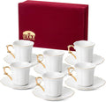 BTaT- Turkish Coffee Cup Set, 3 oz, 6 Set (12 pcs), Elegant White Cups & Saucers with Gold Trim & Gift Box, Small Porcelain Espresso Set for Serving Greek, Arabic & Turkish Coffee, Gift Giving