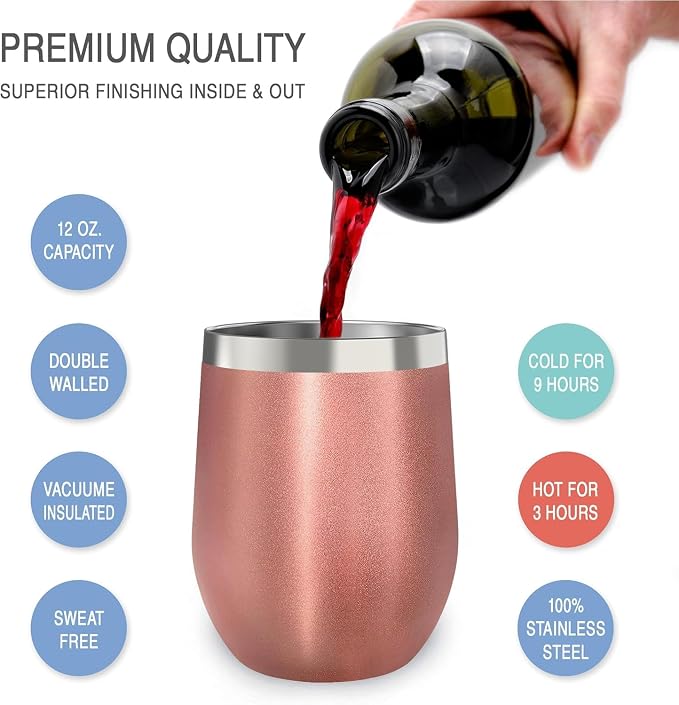 CHILLOUT LIFE 12 oz Stainless Steel Wine Tumblers 2 Pack - Double Wall Vacuum Insulated Wine Glasses Cups with Lids and Straws Set Keeping Cold & Hot for Coffee, Beer, Ice Cream (Rose Gold + Black)