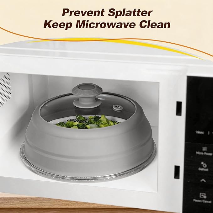 Microwave Splatter Cover - 9.8" Glass Lid with Collapsible Silicone Rim, Universal Pot & Plate Cover for Mess-Free Heating (Gray, 9.8inch)