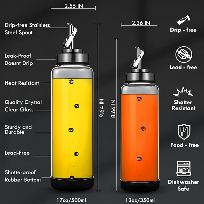 Glass Olive Oil Dispenser Bottle Shatterproof & Leakproof Oil and Vinegar Dispenser Set with Stainless Steel Spout & Rubber Bottom