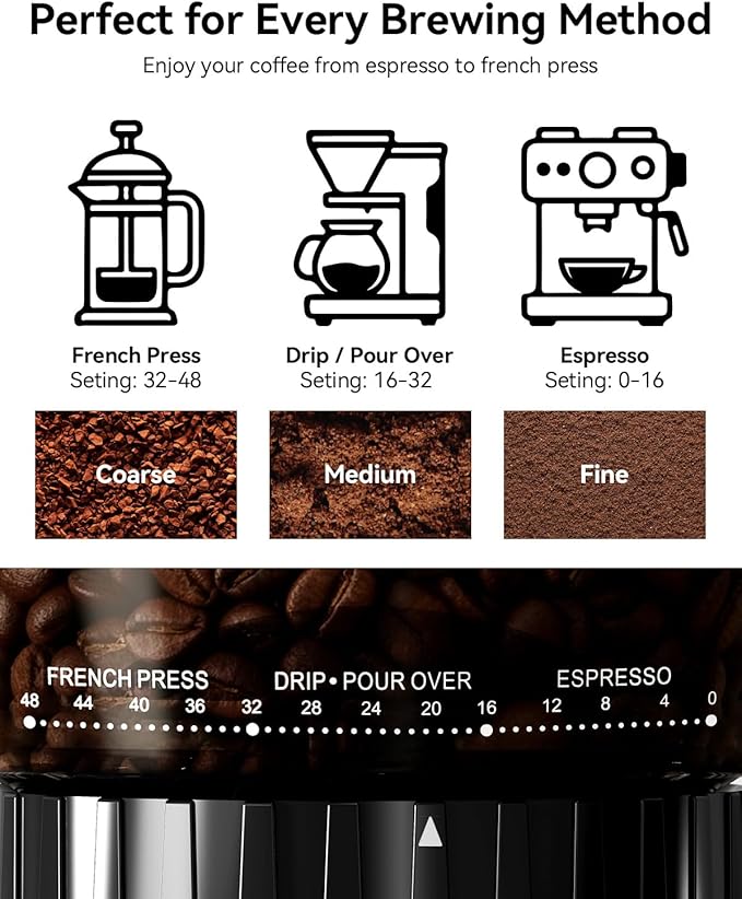 IAGREEA Conical Burr Coffee Grinder, 48 Grind Settings, 450RPM Low-Speed Anti-Static, Precision Timer, Portafilter Holder for Espresso, Drip, French Press, Cold Brew, Stainless Steel