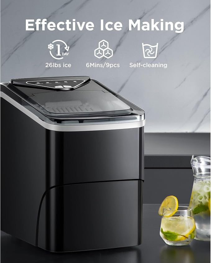 Totnz Countertop Ice Maker - Self-Cleaning Ice Machine, 26 Lbs in 24 Hrs, Compact Ice Makers with Ice Basket & Scoop, 2 Ice Sizes for Party/Dorm, Black