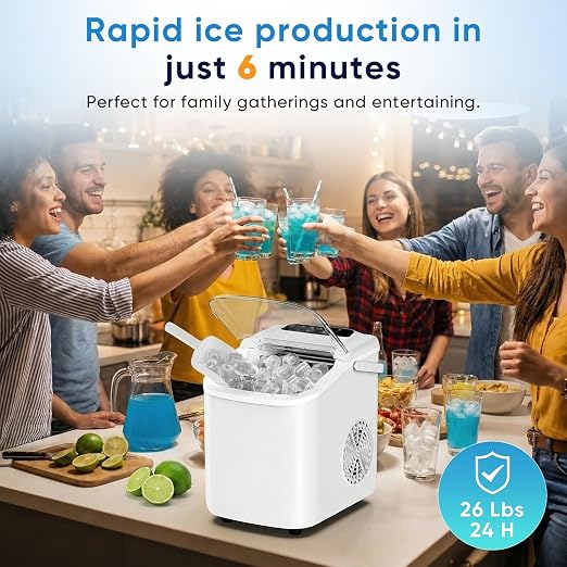 NEWBULIG Ice Maker, Countertop Ice Machine with Handle | 9 Bullet Cubes in 6-8 Mins, 26lbs Daily, Self-Cleaning with Basket and Scoop for Home/Kitchen/Camping/RV