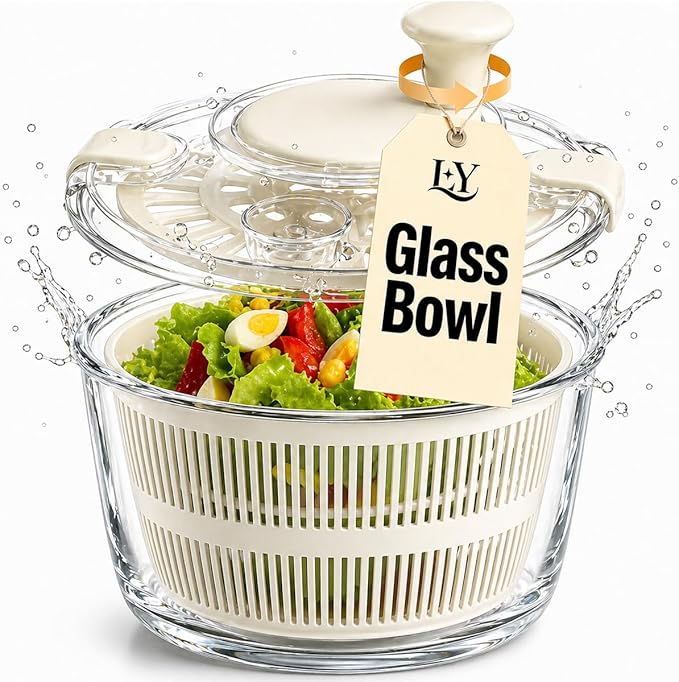 Large 5.2 Qt Glass Salad Spinner Vegetable Dryer with Drain Microwave Safe Dishwasher Safe with Transparent Lid Crank Handle Quick Spin Greens Washer for Lettuce Herbs Fruits (off-white)