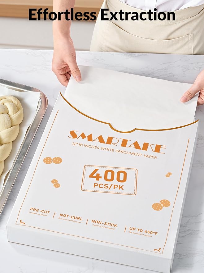SMARTAKE 400PCS Parchment Paper Sheets, 12 x 16 IN Pre-Cut Baking Parchment, Non-Stick Kitchens Cookie Baking Paper, for Oven Grilling Air Fryer Steaming Bread Cake Cookie Meat Pizza (White)