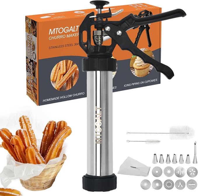 21-Piece Cookie Press Set & Churro Maker Machine – Stainless Steel Baking Gun for Spritz Cookies, Hollow Churros, and Pastry – Includes 6 Nozzles, 9 Discs, Piping Bag, and 2 Brushes