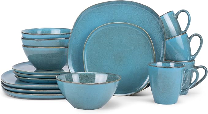 Elanze Designs 16-Piece Modern Luxury Chic Smooth Vintage Handmade Shape High Gloss Ceramic Stoneware Square Plate Mug & Bowl Kitchen Dinnerware 16 Piece Set - Service for 4, Turquoise