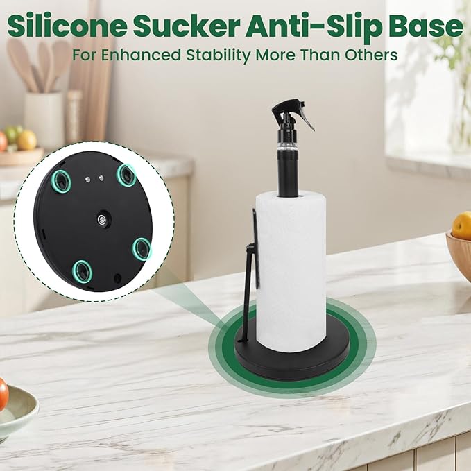 Paper Towel Holder with Spray Bottle,Heavy-Duty Countertop Kitchen Paper Towel Holder,Stainless Steel One-Handed Tear Kitchen Towel Dispenser for Countertop,Black