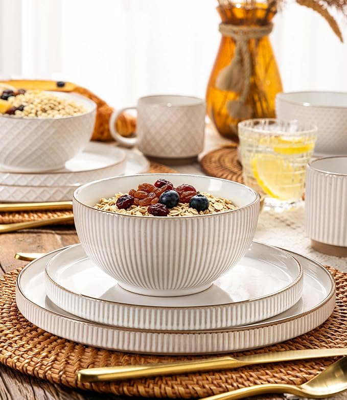 GBHOME Stoneware Dinnerware Sets Service for 4, 12 Piece Embossed Plates and Bowls Set, Elegant Ceramic Dish Set, Chip Resistant, Microwave & Dishwasher Safe, Off white（stackable)