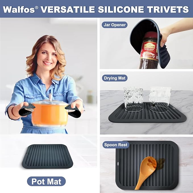 Walfos Silicone Trivets for Hot Pots and Pans - 446°F Heat Resistant Hot Pads for Kitchen Counter- 4 Pcs Multi-Purpose & Versatile Trivet Mat - Long-Lasting & Flexible Silicone Hot Pad（Black）