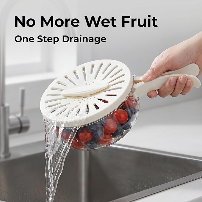 2Pcs Fruit Washing Bowl With Strainer&Lid,(2.85+1QT)2 in 1 Collapsible Handle Draining Basket,Multipurpose Drain Basket Kitchen Draining and Fridge Fruit Strainer,Suitable For Washing Berry Vegetables