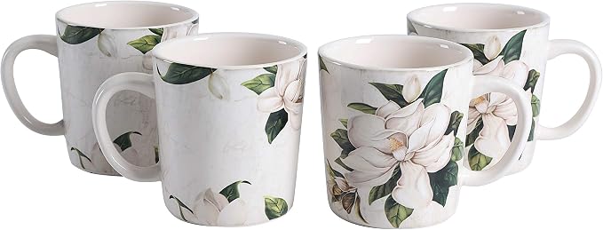 Bico Magnolia Floral Ceramic Coffee Mugs Set of 4, 18 oz Large Tea Cups with Handle, Aesthetic Latte Mugs for Cappuccino Cocoa, Lead-Free, Dishwasher and Microwave Safe, Housewarming Gift