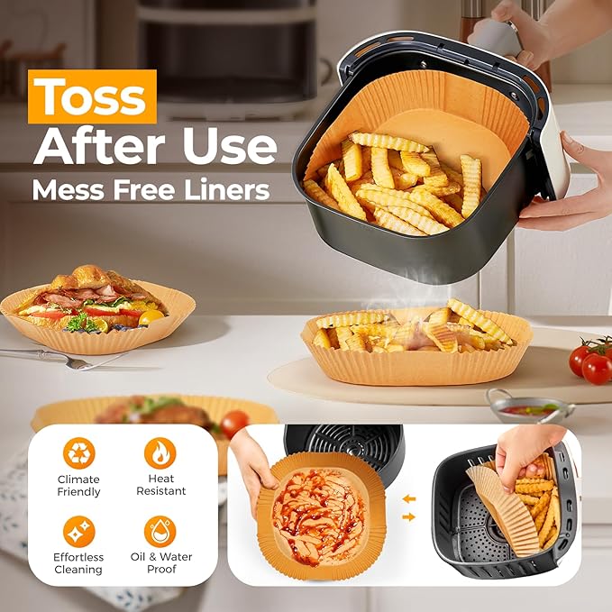 Vailnd Air Fryer Liners Disposable, 305 PCS Unbleached Air Fryer Paper Liners, 8" Square Airfryer Liners for 5-8 QT Airfryer Basket, Non-stick & Oil-Proof Parchment Paper for Oven, Pan