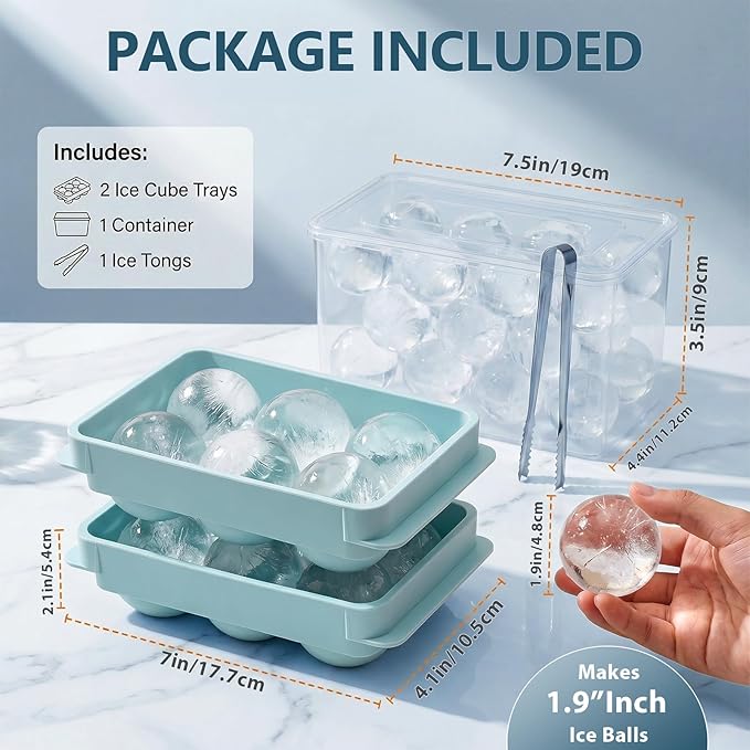 WIBIMEN Large Ice Cube Molds, Big Round Whiskey Ice Cube Trays for Freezer, Easy to Fill & Release, Whiskey Bourbon Cocktail(1.9In*6 Balls- Blue/2 Pack)