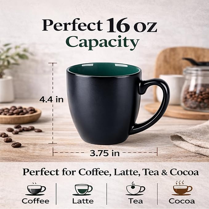 GBhome 16oz Coffee Mugs Set of 6, Large Ceramic Coffee Mugs for Man, Woman, Dad, Mom, Modern Coffee Mugs Set with handle for Tea/Latte/Cappuccino/Milk/Cocoa. Dishwasher&Microwave Safe,Green