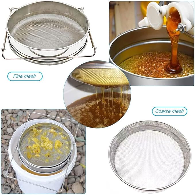 Honey Strainer for 5 Gallon Bucket Stainless Steel Double Sieve Honey Filter Strainer for Clean Honey with Up to 16.5 inches Extendable Arms