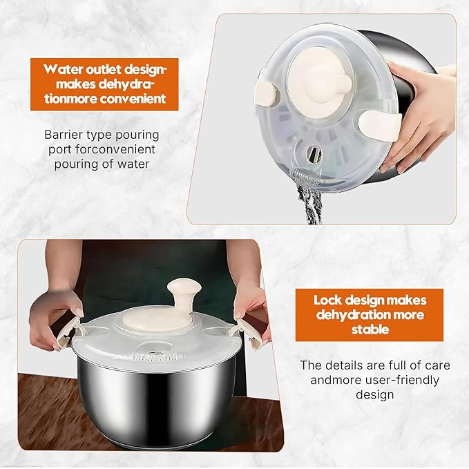 Stainless Steel Salad Spinner, 6L Multi-Use Lettuce Spinner with PP Lid, Large Vegetable Washer with Non-Slip Base, Fruit Washer，Vegetable Dryer