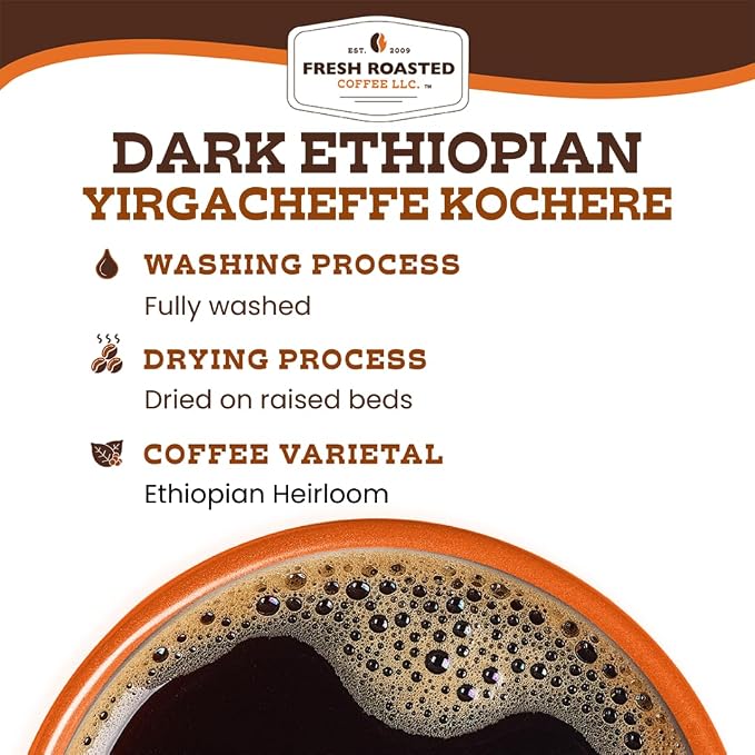 Fresh Roasted Coffee, Dark Ethiopian Yirgacheffe Kochere Whole Bean Coffee, Dark Roast, Kosher, 5 lb (80 oz)