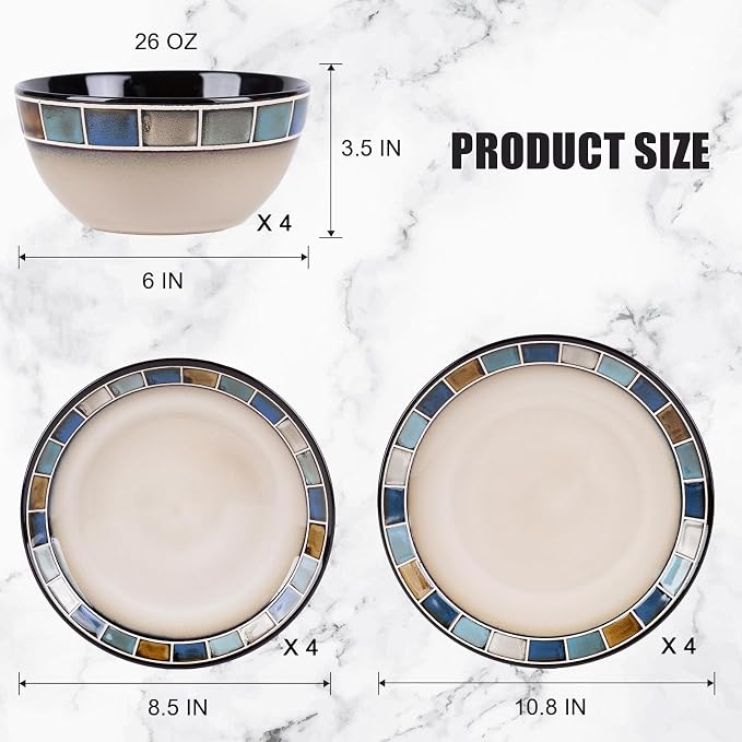 12 Piece Stoneware Dinnerware Set for 4, Vintage Blue & White with Square Rim Handmade Ceramic Plates and Bowls, Scratch Resistant Dish Set, Microwave & Dishwasher Safe Porcelain Kitchen Dishes