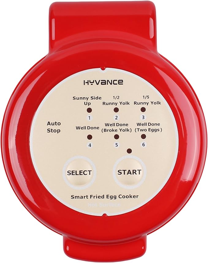 Hyvance Smart Fried Egg Cooker, Automatic Fried Egg Maker for 6 Features like Sunny Side Up, Over Easy, Fully Cooked & More. Auto Power Off, Alarm, Round Shape, Non Stick Coating (Red)